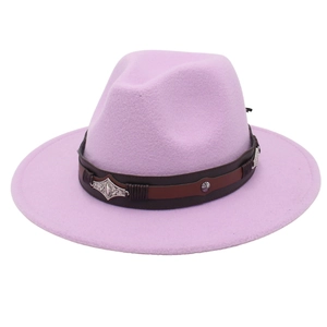 Close-up of light purple fedora with brown leather band and embossed silver buckle