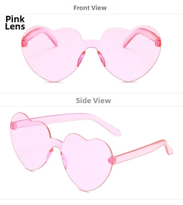 Vues détaillées de face et de côté de lunettes de soleil roses translucides en cœur