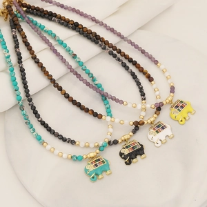 Elephant Pendant Necklace Natural Stone Beads Colorful Zircon Copper Enamel Bohemian Handmade Jewelry For Women
