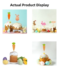 Detailed view of Easter cake toppers featuring carrot and bunny designs on wood sticks