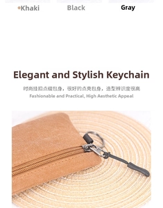 Detail view of khaki canvas coin purse with zipper and metal hook attachment