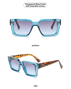 Front and side view of square blue sunglasses with tortoiseshell temples and arrow detail