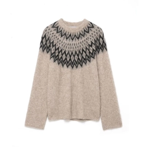 Women Fair Isle Jacquard Knit Sweater Crew Neck Long Sleeve Casual Plush Pullover Oatmeal Elegant Jumper