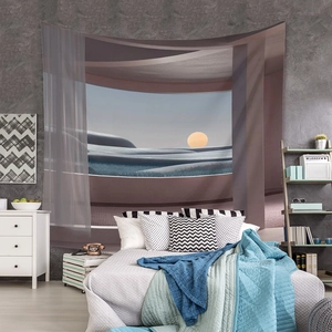 Detail view of large wall tapestry featuring modern abstract dunes and sunset in a bedroom