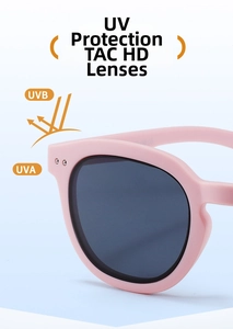 Detailed view of pink frame sunglasses featuring TAC HD polarized UV400 lenses