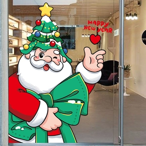 Christmas Window Clings Static Stickers Cartoon Santa Claus With Christmas Tree Hat Green Bow New Year Glass Decor