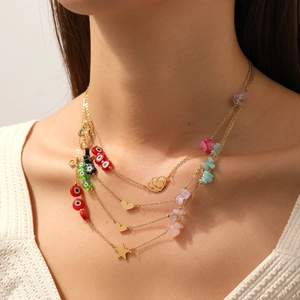 Bohemian Stainless Steel Necklace With Colorful Natural Stones Evil Eye Beads Heart Star Pendant Jewelry For Women