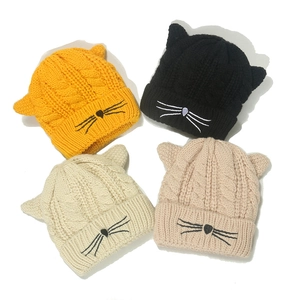 Women Winter Beanie Hat Acrylic Thick Warm Fleece Lined Cable Knit Cat Ears Embroidery Cartoon Cute