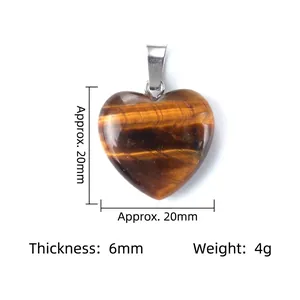 Natural Tiger Eye heart pendant 20mm with silver clasp and polished gemstone texture