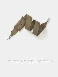 Gray leather bag strap with palm grain texture and silver metal buckles on white background