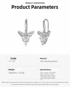 Detailed specifications of S925 sterling silver bee earrings with heart zircon stones