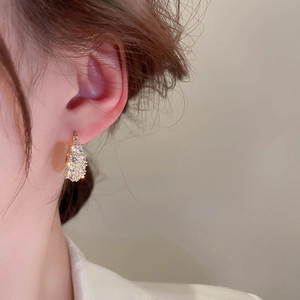 Elegant gold-plated handbag-shaped earrings with zircon crystals shown on a model