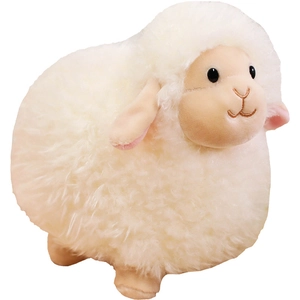 Cute plush sheep toy with soft curly fleece and smiling face on a plain white background