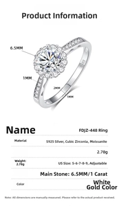 Detailed spec sheet of 1ct moissanite ring with S925 silver hallmarks and adjustable size