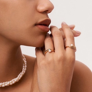 Stainless Steel Gold Plated Double Layer Wave Open Ring Irregular Artificial Pearl Minimalist Elegant Jewelry Women
