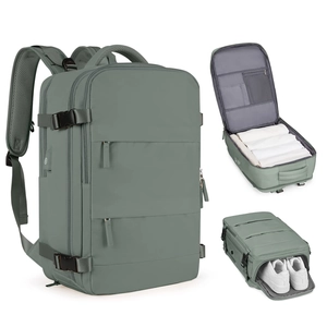 Gray-green waterproof travel backpack with USB port and separate shoe compartment