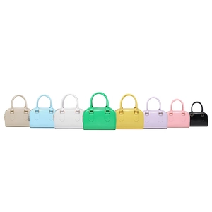 Glossy jelly Boston bags in eight vibrant colors including beige, green, and pink