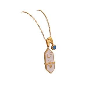Gold hexagonal pendant necklace with bee and moon design and blue evil eye charm