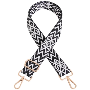 Adjustable black and white geometric wide shoulder strap with gold metal lobster hooks