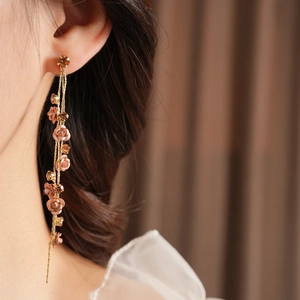 Detail of rose tassel earrings with crystals on model showing elegant drape and shine