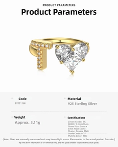 Detail view of gold S925 silver ring featuring heart zircon and letter T inlay design