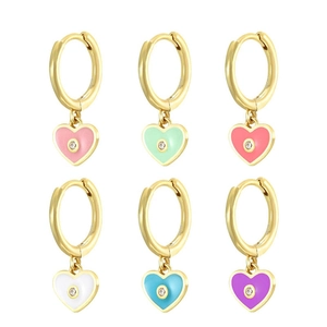 Set of six S925 sterling silver heart hoop earrings with colorful enamel and zircon stones