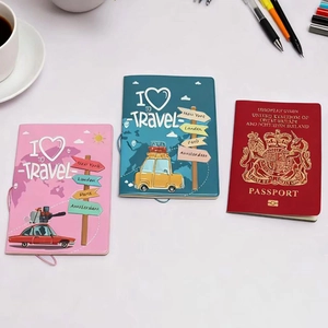 Three creative travel passport covers in pink, blue, and red leather with iconic designs