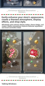 Detailed Christmas window stickers with snowflakes and ornaments on shop glass