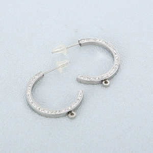 Silver stainless steel C-shaped stud earrings with inlaid diamonds and bottom hanging loops
