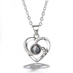 Silver heart projection necklace with I Love You in 100 languages for romantic gift