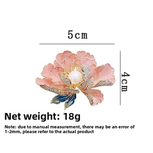 Detailed view of enamel peony brooch with white pearl, 5cm x 4cm size specification