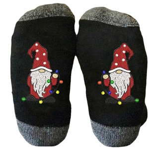Breathable black cotton Christmas socks with festive gnome embroidery and grey accents