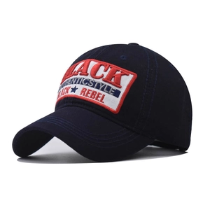 Classic navy blue cotton baseball cap with embroidered Black Rebel text and stars