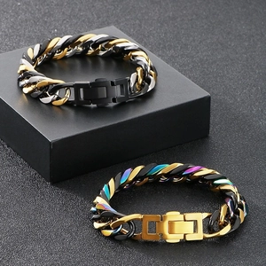 Dual-weave stainless steel Cuban link bracelet for men in mixed gold silver and black colors