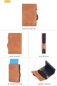 Multiple views of men's brown RFID blocking pop-up card holder with buckle closure