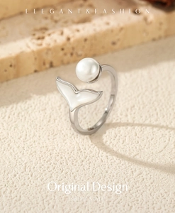 Detail view of S925 sterling silver mermaid tail ring with elegant pearl and shell inlay