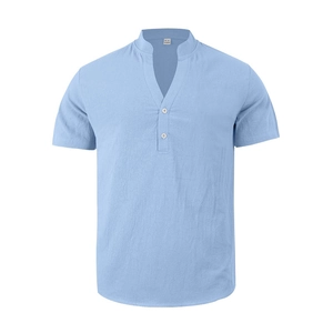 Detail of light blue linen-textured fabric with V-neck stand collar and button placket