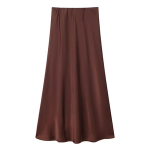 Detailed view of brown satin midi skirt texture with silk luster and elegant finish
