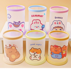 Sechser-Set bunte transparente Stifthalter mit niedlichen Comic-Tieren und Sommermustern