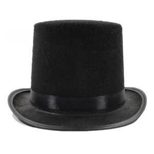 Detail of a black felt top hat with a satin band for magician or theater performance