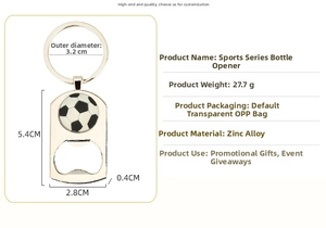 Detailed size chart of a soccer ball shaped zinc alloy keychain bottle opener tool