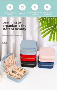 Detail view of mini velvet jewelry boxes in five colors with functional compartments