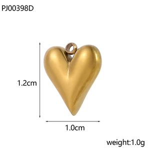 Macro detail of gold heart pendant showing dimensions 1.2cm by 1.0cm and metal texture