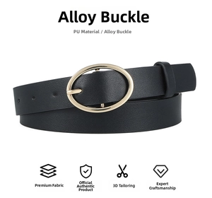 Detail of slim black PU leather belt featuring a polished golden oval alloy buckle
