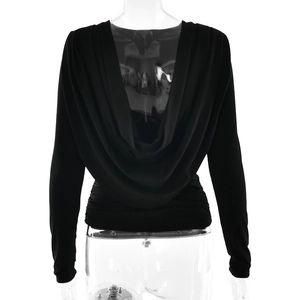 Detail view showing the elegant draped cowl back and ruching of the black long sleeve top