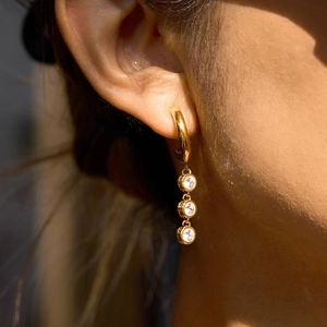 Classic 18K gold plated stainless steel drop earrings with triple round zircon stones