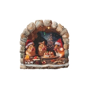 3D Christmas mouse hole wall decal with cute hamsters dining in a stone window arch