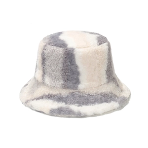Fuzzy gradient striped bucket hat for winter in plush faux fur grey and white
