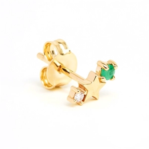 Gold star stud earrings with green gemstone and sparkling white diamond details