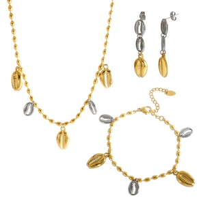 Two-tone stainless steel seashell jewelry set including necklace, bracelet, and earrings